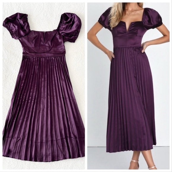 NWOT Lulus Flawless Forever Dark Purple Satin Pleated Midi Dress Small - Picture 1 of 7